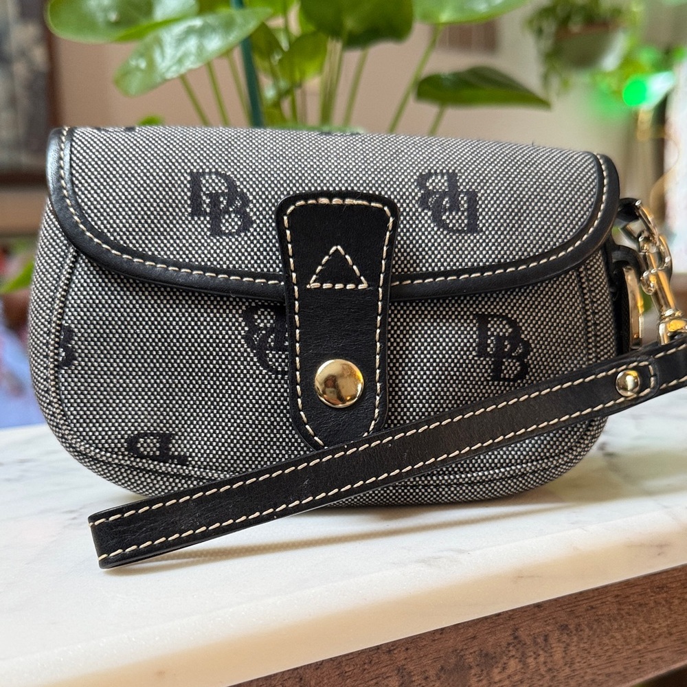 Designer-Inspired Gray Canvas Wristlet with Black Trim